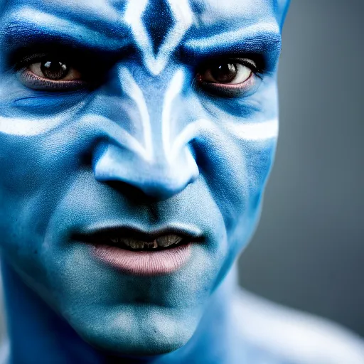 Image similar to award winning photography portrait, handsome actor with blue skin, avatar, leica 1 0 0 mm f 0. 8