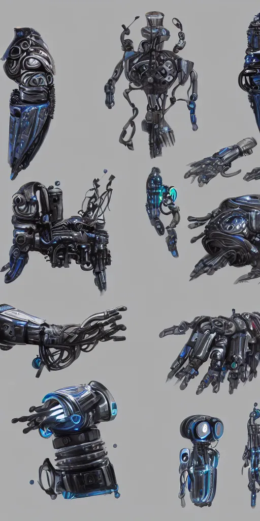 Image similar to concept art, various mechanical prostheses that can enhance human function, listed one by one, cyberpunk, precision, high detail, 8 k.