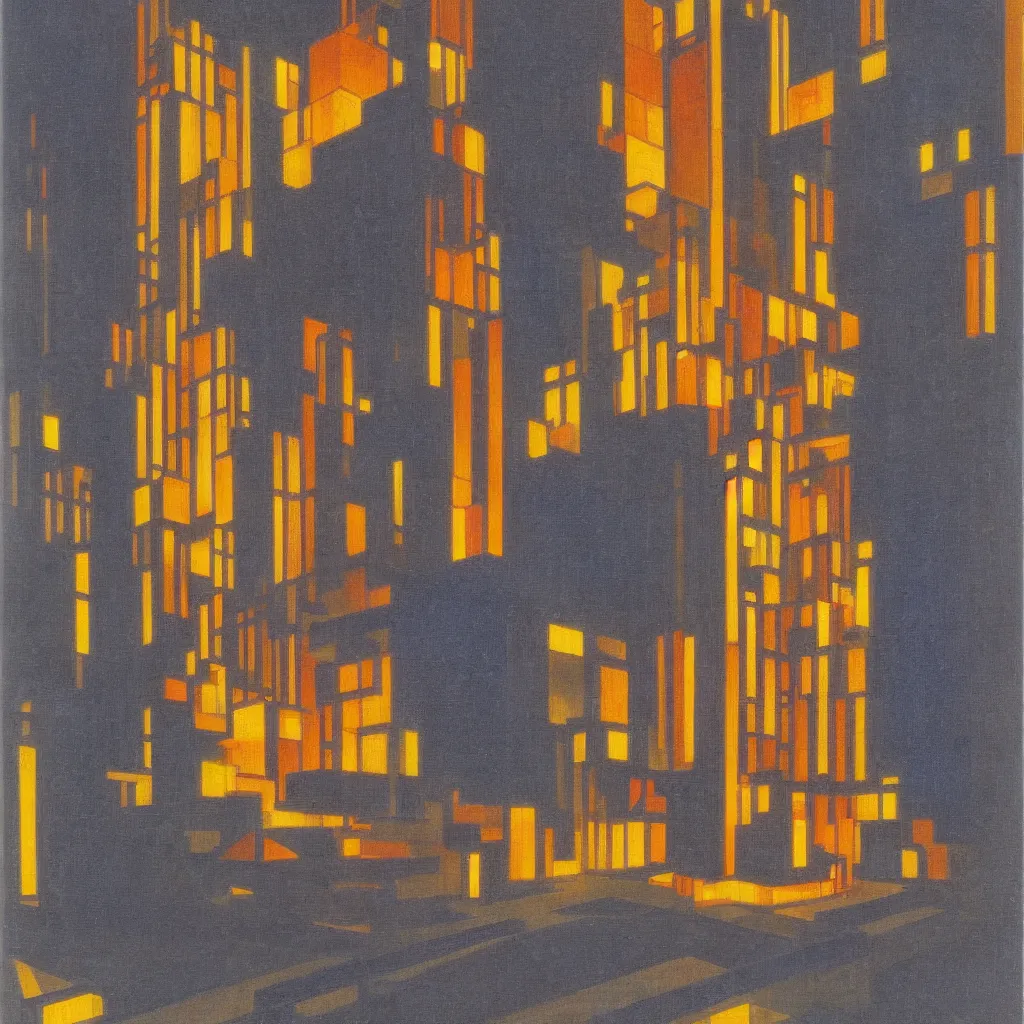 Image similar to isometric artdeco nuclear blast cathedral at night by frank lloyd wright, isometric, painted by piet mondrian