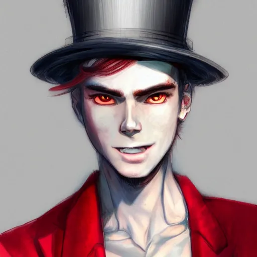 Prompt: semi realistic anime illustration of top hat wearing red haired man holding a cigarette, with slight stubble, with beautiful hyperdetailed eyes, facing camera directly, full face portrait made by Stanley Artgerm, WLOP, Rossdraws, James Jean Andrei Riabovitchev, Marc Simonetti, Yoshitaka Amano, Artstation