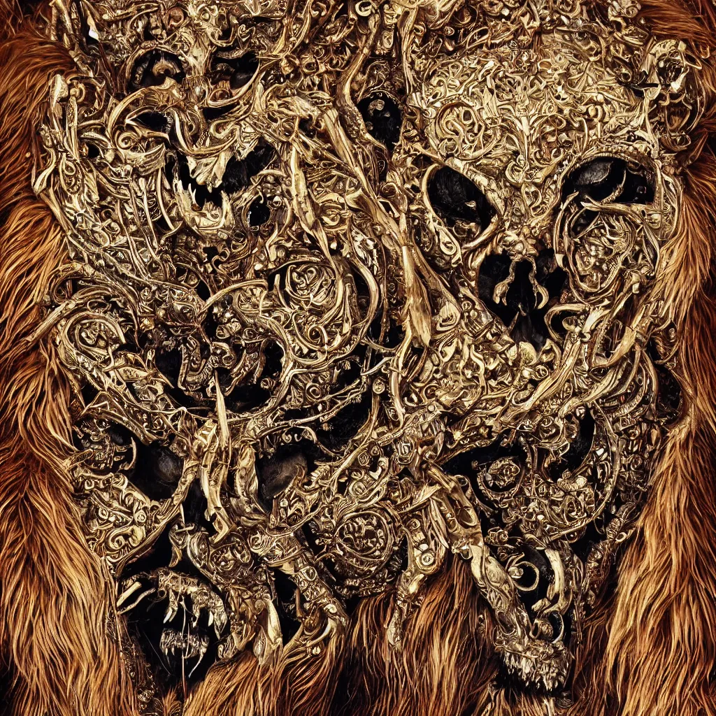 Image similar to photo portrait portrait of femine puma with skull pendant, wolf skull pedant, golden fur, symmetric, intricate skeletal decorations on ornate silks, symmetry, highly detailed, concept art, ornaments, black, red, white, gold layers, super moon, style of nekroxiii, hyperrealistic