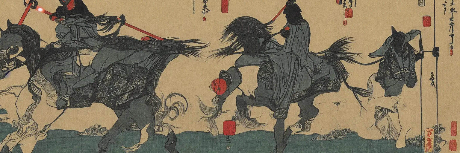 Prompt: Jedi riding on horseback with a lightsaber, rice paddy, ukiyo-e painting