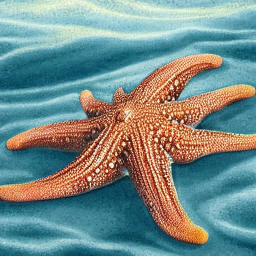 Prompt: elaborate baroque rococo hyperdetailed hyperrealistic starfish on the ocean ground. seen from the distance. with a lot of little details. childrenbook scientific illustration in soft natural tones. hd hyperdetailed octane. matte paper background. in the style of ulriko - e and botticelli and national geographic and ernst haekel and daniel martin diaz