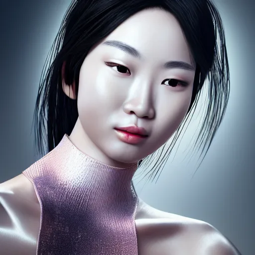 Image similar to asian woman closeup face portrait, with chrome liquid face mask stripes, highly detailed face, elegant pose, intricate, extremy detailed, cgsociety, unreal engine, octane render, portrait ilghting, 3 5 mm award winning, highly detailed 4 k art