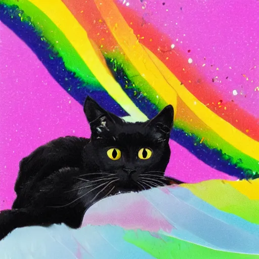 Prompt: a photo of a black cat with rainbow glitter, highly detailed, photorealistic, f 2. 8, in - frame