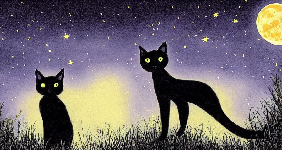 Image similar to black cat with glowing eyes looking up at the moon in a very dark open field at midnight with fireflies in the air and lots of stars in the sky, digital painting, highly detailed, magical, beautiful