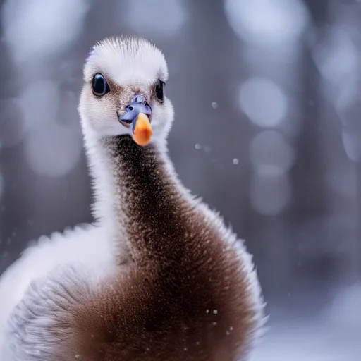 Image similar to closeup of cute baby goose in mystical magic snowy forest, award - winning photograph, cinematic scene, studio lighting, hyperrealism