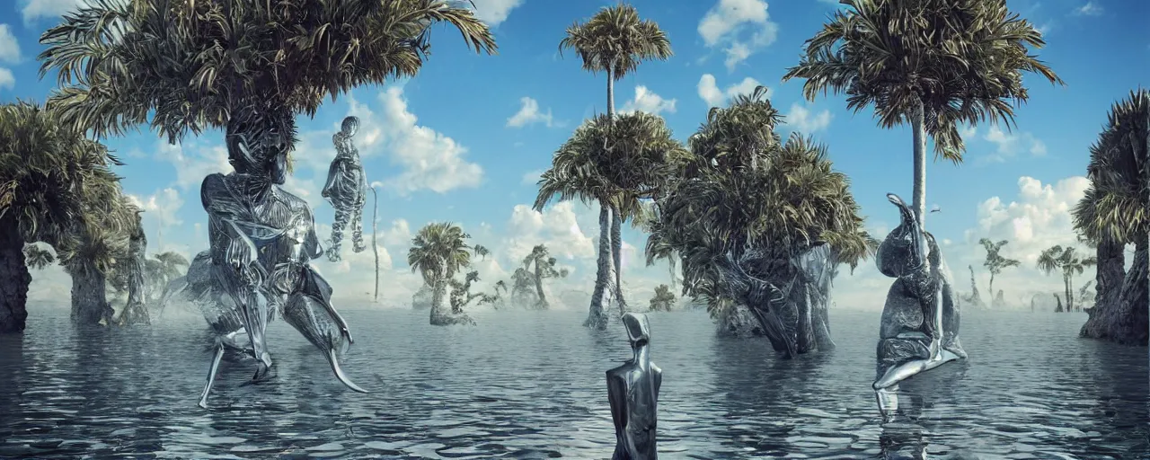 Image similar to hyperrealistic geometric objects in a surreal minimalistic dreamscape environment by salvador dali, enormous chrome man, highly detailed, 3 d render, octane, beautiful lighting, photorealistic, intricate, elegant, wayne barlowe, water, mirrors, doorway, beautiful, masterpiece, trending on artstation, artgerm, palm tree