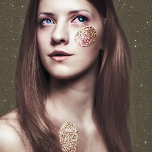 Image similar to canon mark 5, motion blur, realistic character portrait photo of a beautiful woman, muted colours, by britt marling, glitter storm