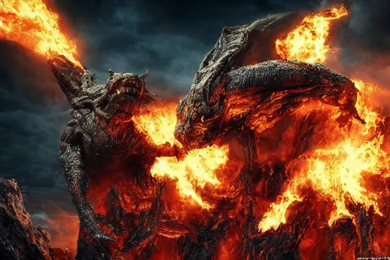 Image similar to movie still, giant balrog at the bridge of khazad - dum, style of h. r. giger, fiery, dark, realistic movie still, cinematic, cgi,