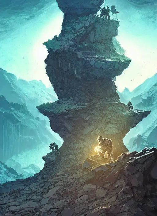 Image similar to comic book art of a [ man ] in trenchcoat in armour crossing a [ bridge ] above a [ cliff ] [ mountain in the background ] [ forest ] made of crystalized glowing rock, a [ glowing temple ] extends into the sky, low angle, artstation illustration, elegant, arcane by tim doyle