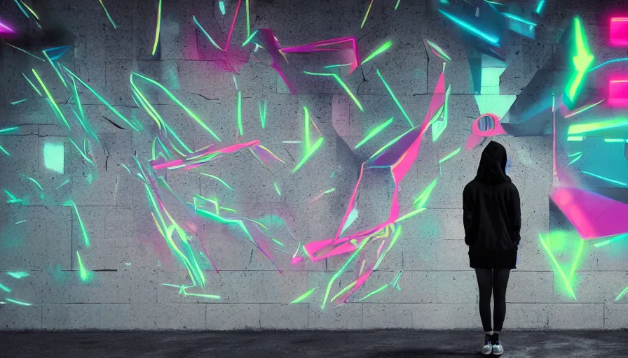 Image similar to portrait of a pretty young tech sport blindfold hooded asian woman standing in front of a wall of graffiti intricate volumetric octane render 3 d street art depicting dark monochrome neon fluorescent color abstract geometry in the style of wlop, mirrors edge, odeith