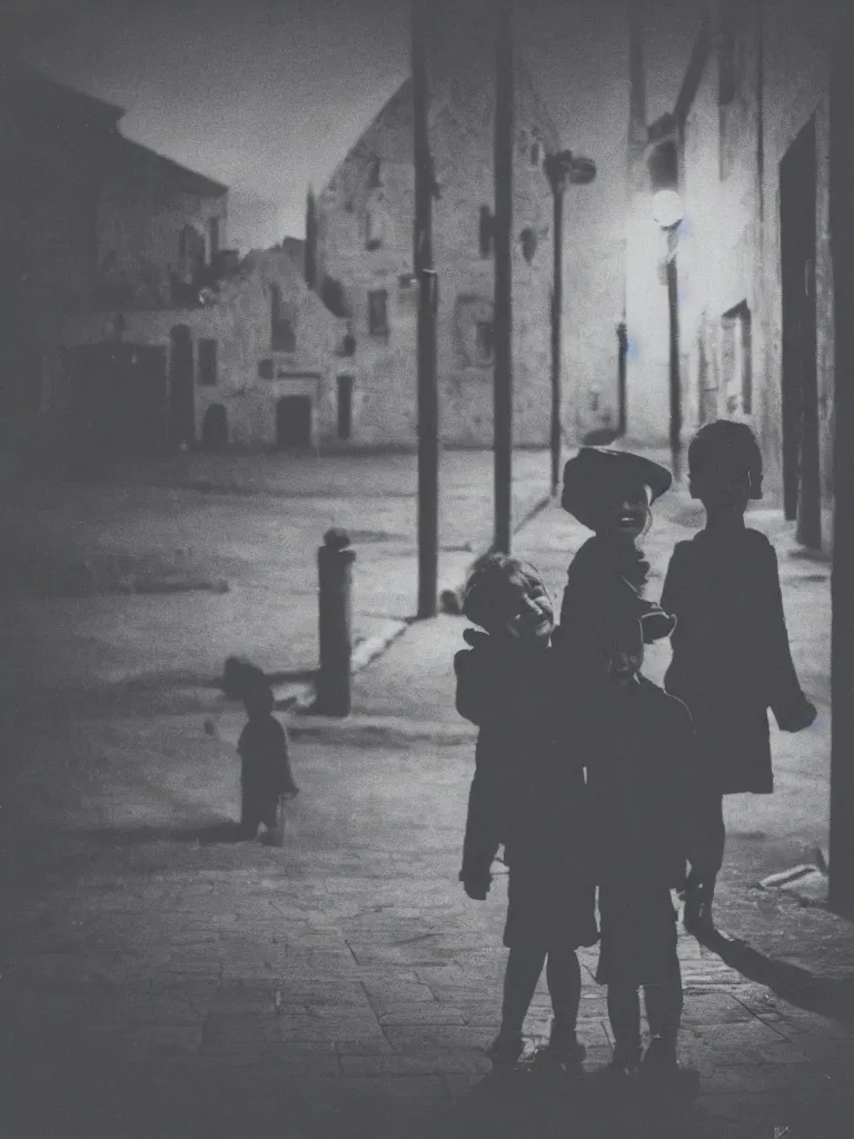 Image similar to a couple of kids posing for a picture at night, dark, backlighting, small village, empty town square, old color polaroid