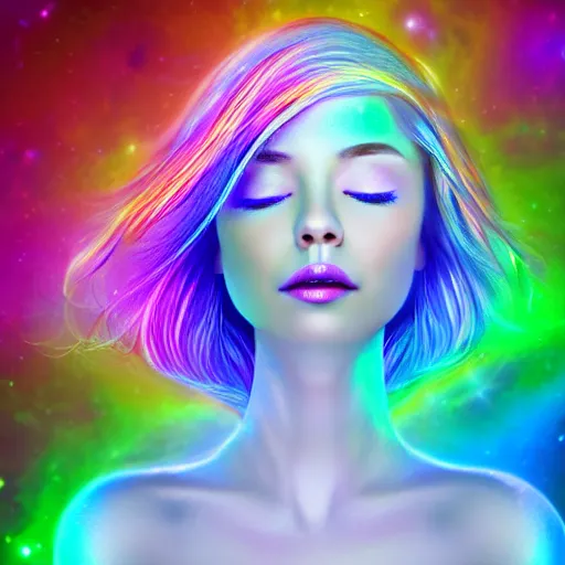 Prompt: portrait of a beautiful girl with iridescent translucent hair, her eyes are closed, hair is floating, digital art, ethereal, galaxy swirls, space