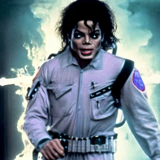 Image similar to stunning awe inspiring michael jackson with a highly detailed face as a ghostbuster in the movie ghostbusters, movie still 8 k hdr atmospheric lighting