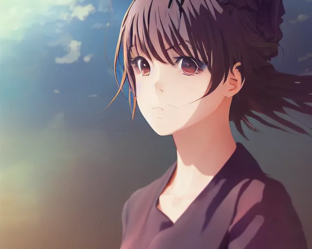 Image similar to key anime visual portrait of a young female in a village, dynamic pose, dynamic perspective, cinematic, dramatic lighting, muted colors, detailed silhouette, textured, finely detailed eyes, anime proportions