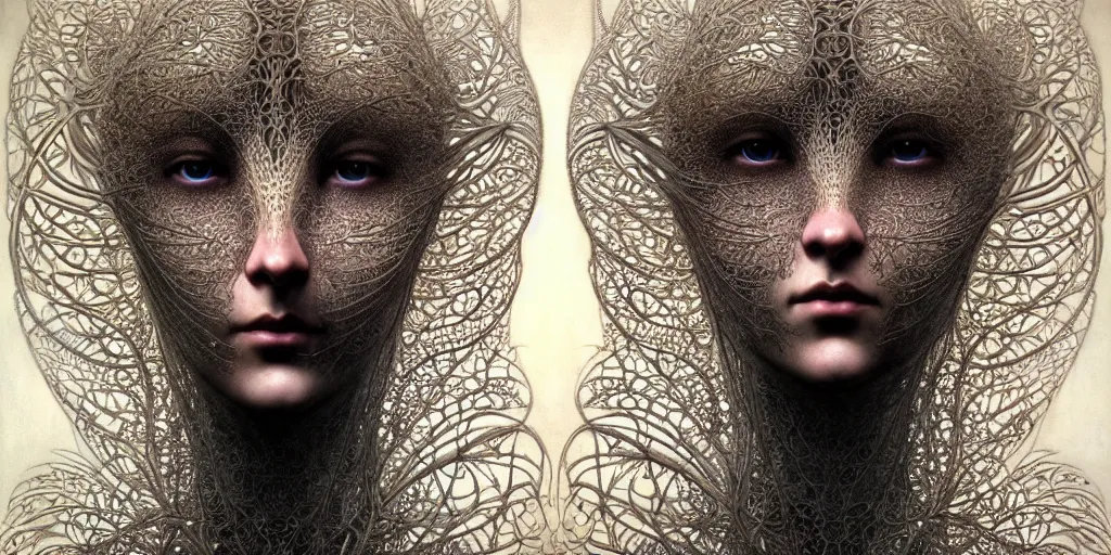 Image similar to detailed realistic beautiful cyborg face portrait by jean delville, gustave dore, iris van herpen and marco mazzoni, art forms of nature by ernst haeckel, art nouveau, symbolist, visionary, gothic, neo - gothic, pre - raphaelite, fractal lace, intricate alien botanicals, ai biodiversity, surreality, hyperdetailed ultrasharp octane render