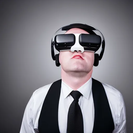 Prompt: clean - shaven chubby white man wearing white dress shirt, necktie, and black dress pants wearing a vr headset. he look mesmerized. iq 4, f / 1. 4, iso 2 0 0, 1 / 1 6 0 s, 8 k, raw, dramatic lighting, symmetrical balance, in - frame