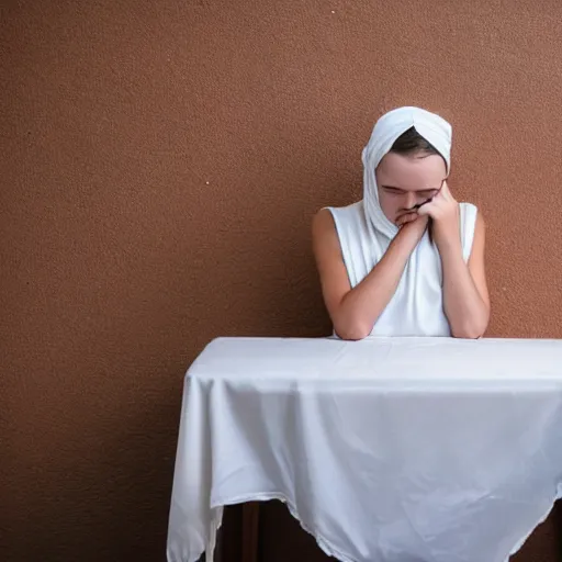 Prompt: a girl with a white headkerchief sitting alone on a birthday table looking sad