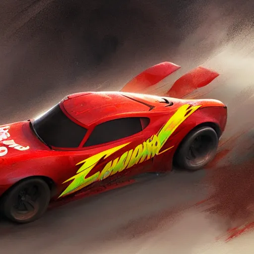 Image similar to lightning mcqueen crash in heavily by greg rutkowski