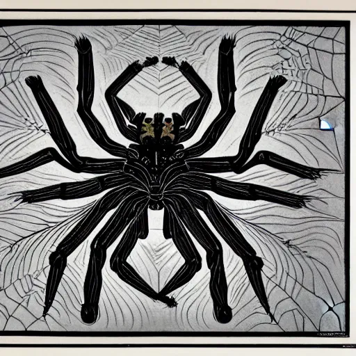 Prompt: a spider in an empty room, colored woodcut, poster art, by Mackintosh, art noveau, by Ernst Haeckel