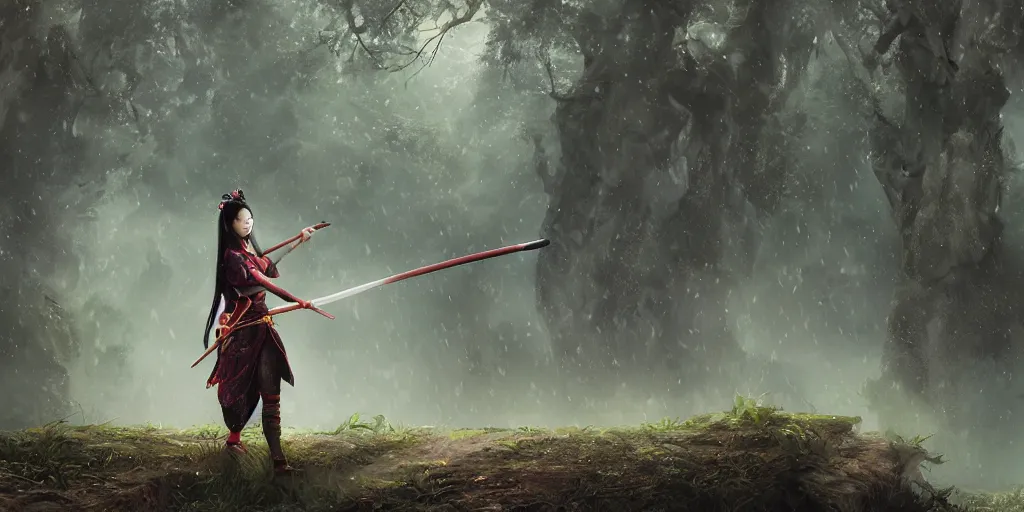 Prompt: An epic fantasy comic book style landscape painting of a young beautiful chinese girl holding a katana in a field of raining forest surrounded by bambok, unreal 5, DAZ, hyperrealistic, octane render, cosplay, dynamic lighting