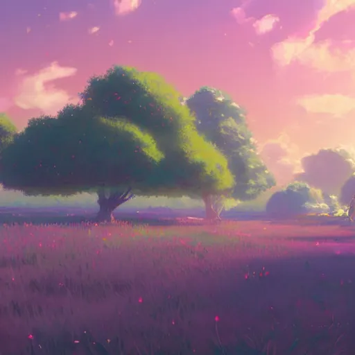 Image similar to pastel landscape of an anime field. clean sharp digital art, environment concept art, by rossdraws, ghibli, breath of the wild, greg rutkowski