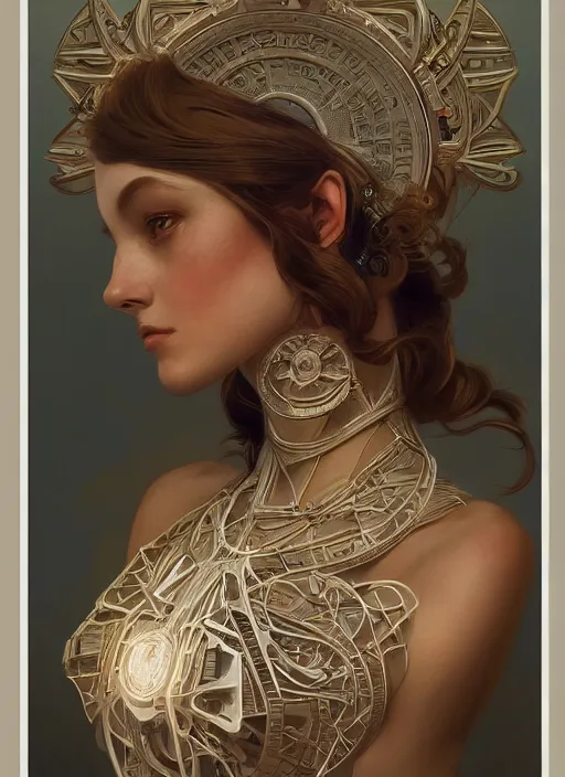 Image similar to symmetry!! beauty, machine parts embedded into face, intricate, elegant, highly detailed, digital painting, surrealistic, artstation, concept art, smooth, sharp focus, illustration, art by artgerm and greg rutkowski and alphonse mucha, 8 k