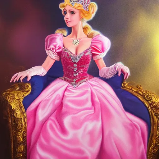 Image similar to An ultra realistic portrait painting of Princess Peach wearing his pink dress and golden tiara, 4k, Ultrarealistic, Highly Detailed, Dark Fantasy, Epic Lighting