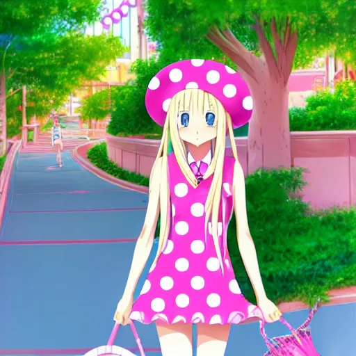 Image similar to anime girl with long blonde hair with pink tips, wearing pink dress, pink flip flops, and a pink bucket hat with white polka dots, disneyland background, anime key visual, kyoto animation
