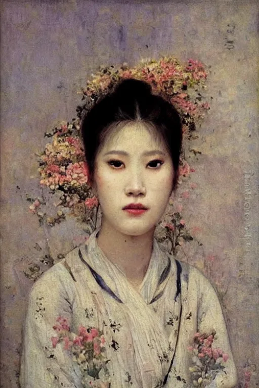 Image similar to close - up fashion asian woman portrait airy flowers sacura cloudy sky art by vasnetsov