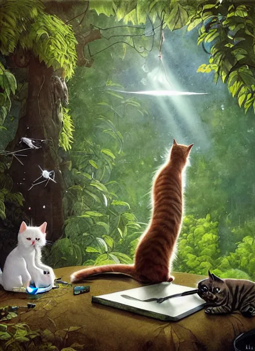 Image similar to a hyper realistic cat meeting an alien. and sunbeams blue sky, lush forest foliage painting by chiara bautista and norman rockwell and greg rutkowski weta studio, and lucasfilm