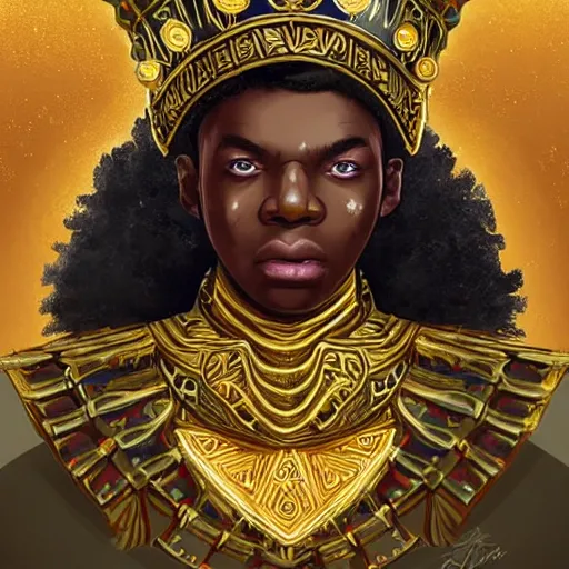 Image similar to a young black boy dressed like an african moorish warrior in gold armor and a crown with a ruby, and a very ornate glowing electric spear!, for honor character digital illustration portrait design, by android jones in a psychedelic fantasy style, dramatic lighting, hero pose, wide angle dynamic portrait