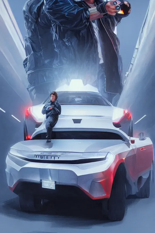 Image similar to elon musk as marty mcfly near cybertruck, realistic portrait, symmetrical, highly detailed, digital painting, artstation, concept art, smooth, sharp focus, illustration, cinematic lighting, art by artgerm and greg rutkowski and alphonse mucha