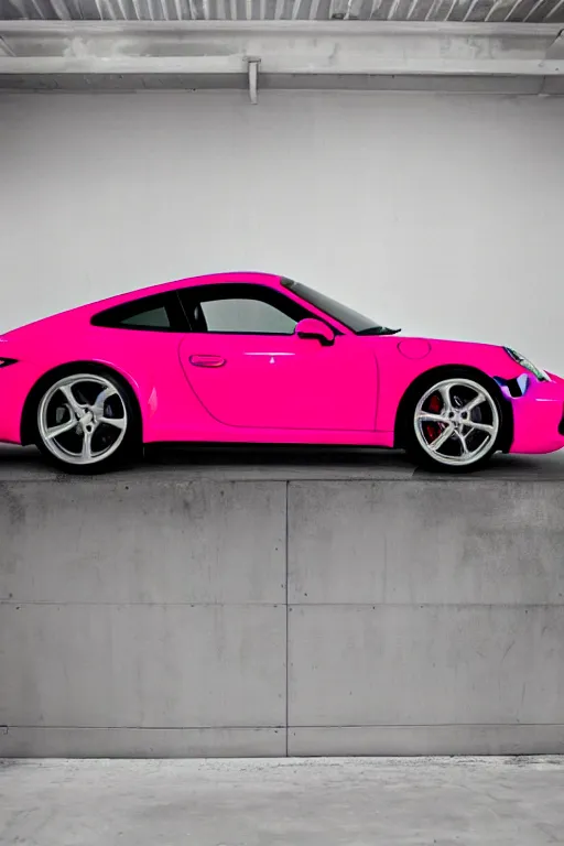 Image similar to Portrait of a light pink Porsche 911 Carrera 3.2, studio lighting, dimly lit, backlit, photoshoot for vogue magazine, highly detailed.