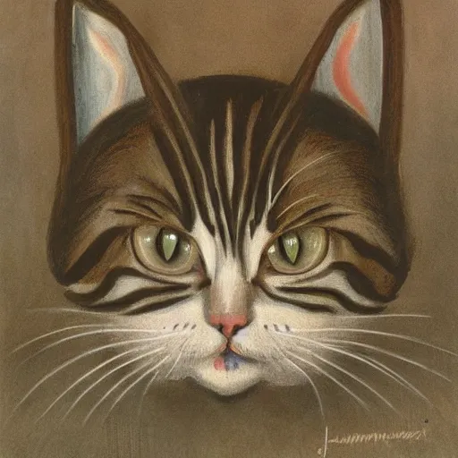 Prompt: portrait of a young disillusioned cat, drained of energy by the artistic struggle, by louis wain and johanna martine, trending on artstation