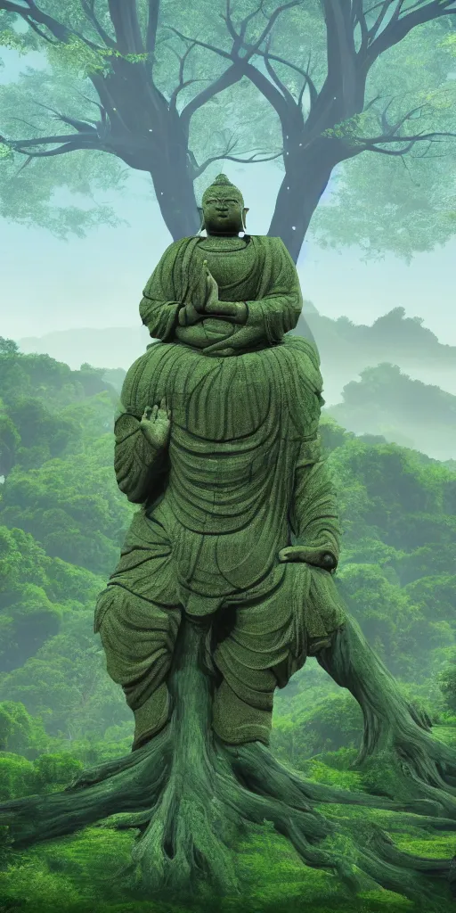 Prompt: big budha statue standing in the middle of a matte landscape with a world tree with branches in the stars and roots in the underworld, vast, epic, starry, lush, greenery, cinematic color scheme, by artstation artists, 4 k wallpaper, uhd quality, unreal engine, glossy paper quality