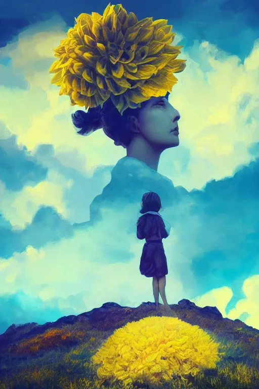 Image similar to closeup girl with huge yellow dahlia flower face, intricate, standing on mountain, surreal photography, blue storm clouds, dramatic light, impressionist painting, digital painting, artstation, simon stalenhag