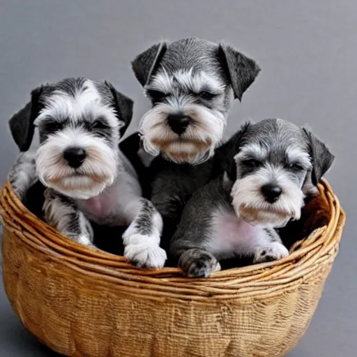 Prompt: a basket of miniature schnauzer puppies, award winning photo
