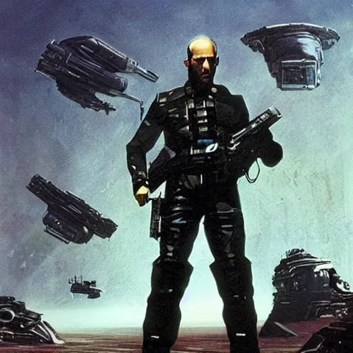 Prompt: jason statham as sci - fi bounty hunter, chris foss, john harris, beeple, wayne barlowe