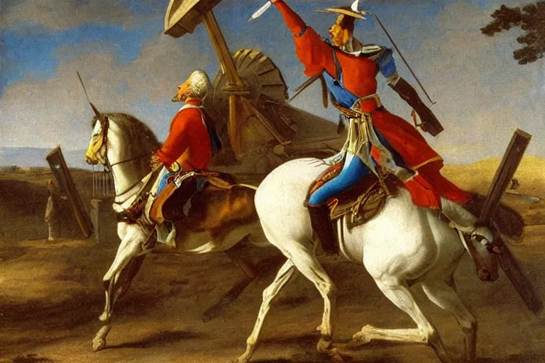 Prompt: A beautiful oil painting of Don Quixote on horse fighting a windmill by Jacques-Louis David.