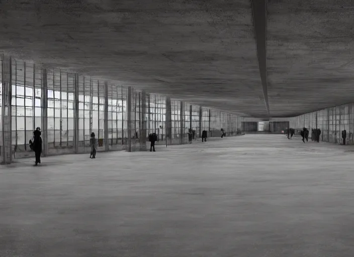 Prompt: an enormous busy spacious SCP (Secure. Contain. Protect) agency hall interior in brutalist restrained sovietpunk cold war aesthetics inspired by CIA FSB NSA KGB GRU, orderly depressed office workers in formal clothing are busily walking past office equipment and containers with strange eerie varied bioluminiscent metallic artifacts, extremely high detail, photorealistic, eeriewave, brutalpunk, cinematic lighting, trending on ArtStationHQ, DSLR, Nikon