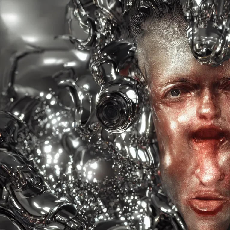 Prompt: octane render portrait by wayne barlow and carlo crivelli and glenn fabry, a strange psychedelic glamorous sci - fi action hero inside a futuristic shiny reflective chrome prison cell, light beams, cinema 4 d, ray traced lighting, very short depth of field, bokeh