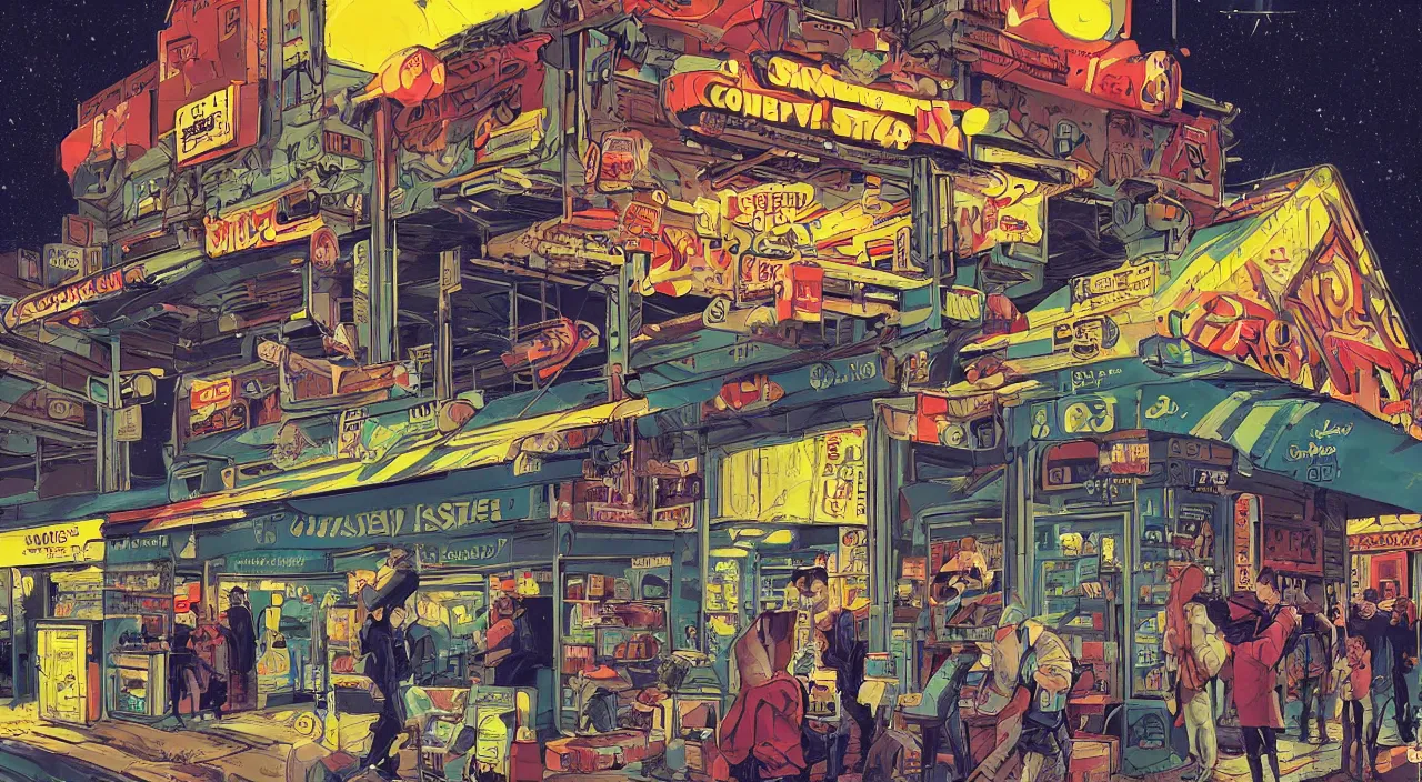 Image similar to convenience store roadside south west night sky stars beautiful artstation 4 k breathtaking graphic novel concept art illustration cartoon by jack kirby