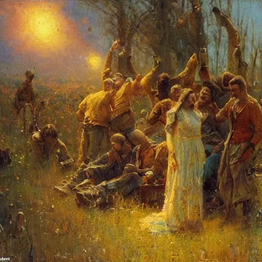 Image similar to Gaston Bussiere painting of tired and battered soldiers looking up and observing the first rays of sunlight during dawnbreak, dramatic painting, dark, scary, hopeful