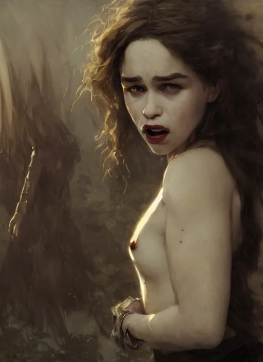 Image similar to young emilia clarke vampire, mouth open bite, staring seductively, detailed by gaston bussiere, bayard wu, greg rutkowski, giger, maxim verehin, greg rutkowski, masterpiece, sharp focus, cinematic lightning