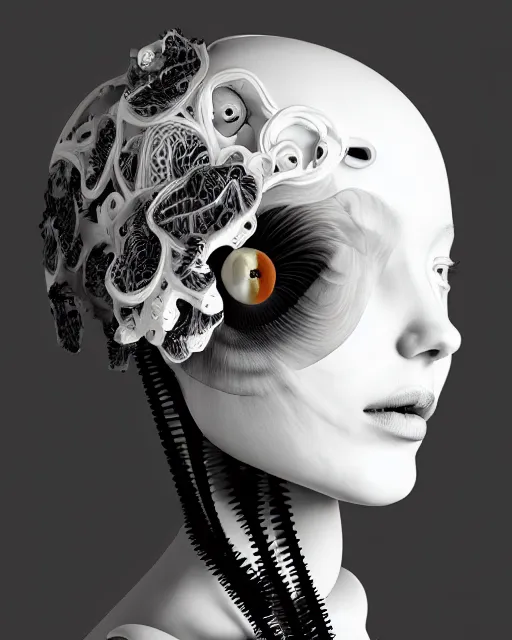 Image similar to black and white dreamy foggy profile face portrait, cyclope biomechanical beautiful young female cyborg - robot bust, body ribs meshes,, volumetric light, hibiscus flowers, by hg giger, rim light, by dora maar and cecile beaton, big gothic fashion pearl embroidered collar, 8 k