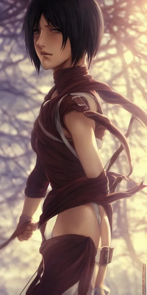 Image similar to mikasa ackerman, hero pose, medium shot, bokeh, beautiful face!!!!, 2 7 years old, cg animation, lifelike, animated, realistic, character select portrait, by artgerm, greg rutkowski, alphonse mucha, 3 d