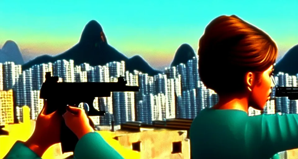 Image similar to 1 9 8 6 movie screencap of a girl with a gun on a rio de janeiro, gucci clothes, sparkes sky, beautiful favela background extremely utra high quality artwork 8 k