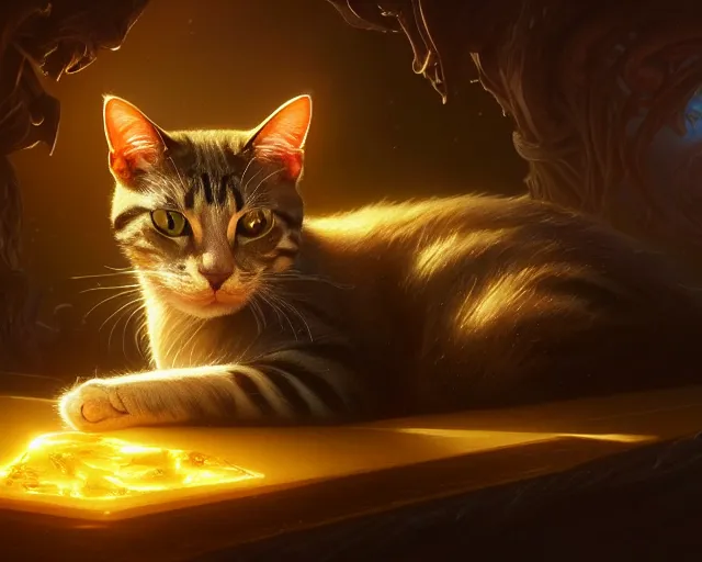 Image similar to a 4 k cinematic screenshot still portrait of a cat in a dark liminal space room surrounded by amber glow, deep focus, d & d, fantasy, intricate, elegant, highly detailed, digital painting, art station, concept art, matte, sharp focus, illustration, dark fantasy style art, hearthstone, art by artgerm and greg rutkowski and alphonse mucha